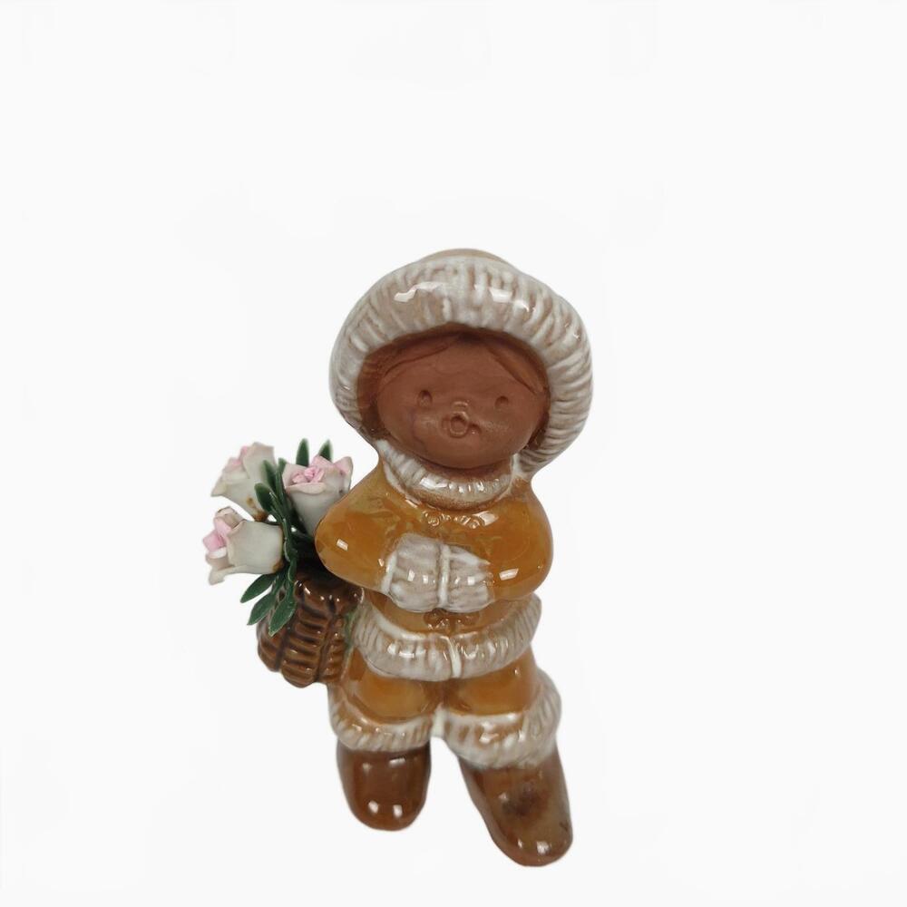 Vintage Ceramic Winter Child Figurine Brown Parka Basket of Roses 3.5 Inch